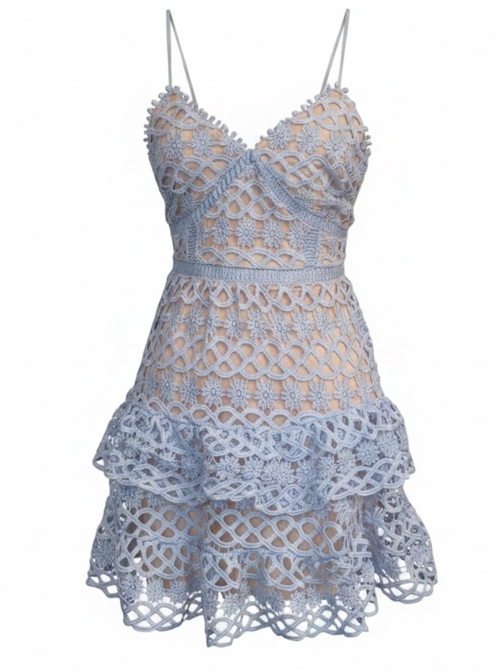 LULUS “Beauty and Lace”Crochet Lace Cocktail Mini Dress Light Blue & Nude SZ XS